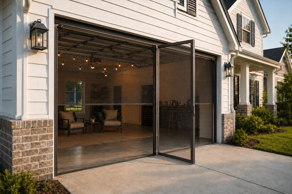 Lifestyle Screen retractable garage screen door open for entertaining