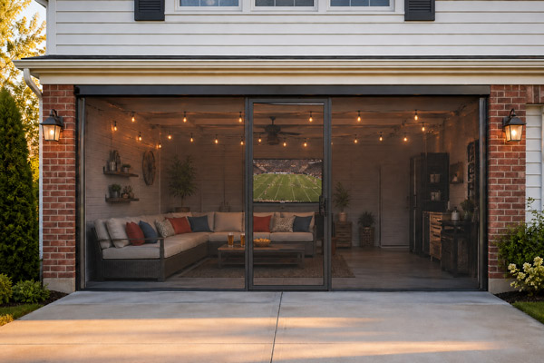 Garage converted to entertainment space with Lifestyle Screen