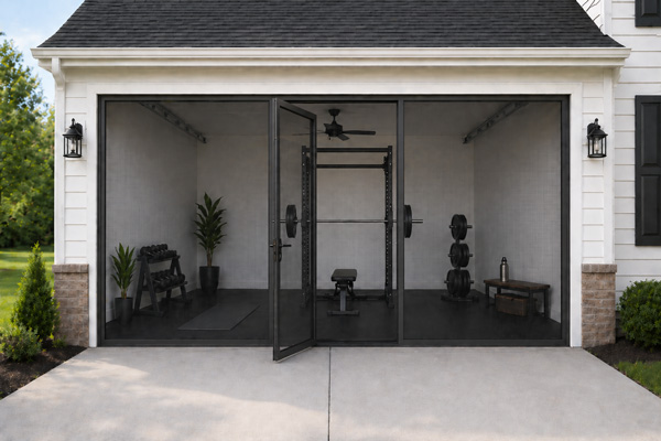 Home gym in garage with Lifestyle Screen for open air exercise